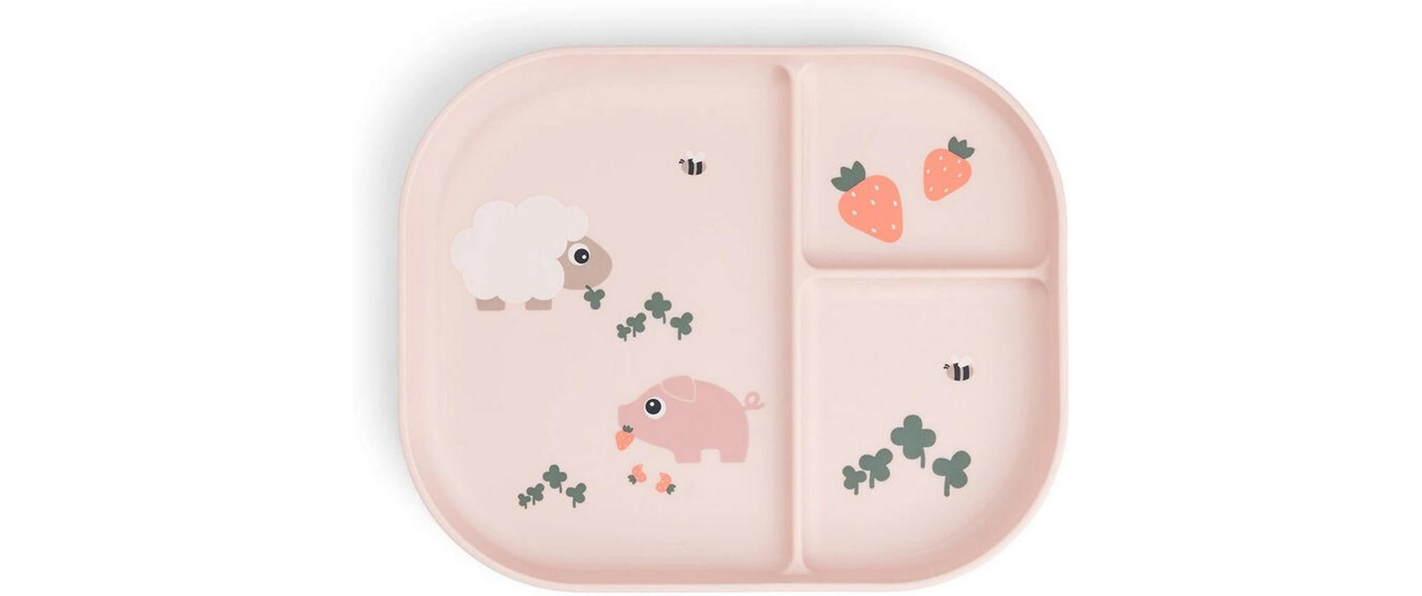 Kinderteller Foodie Tiny Farm RosaRutschfester Teller für Kinder