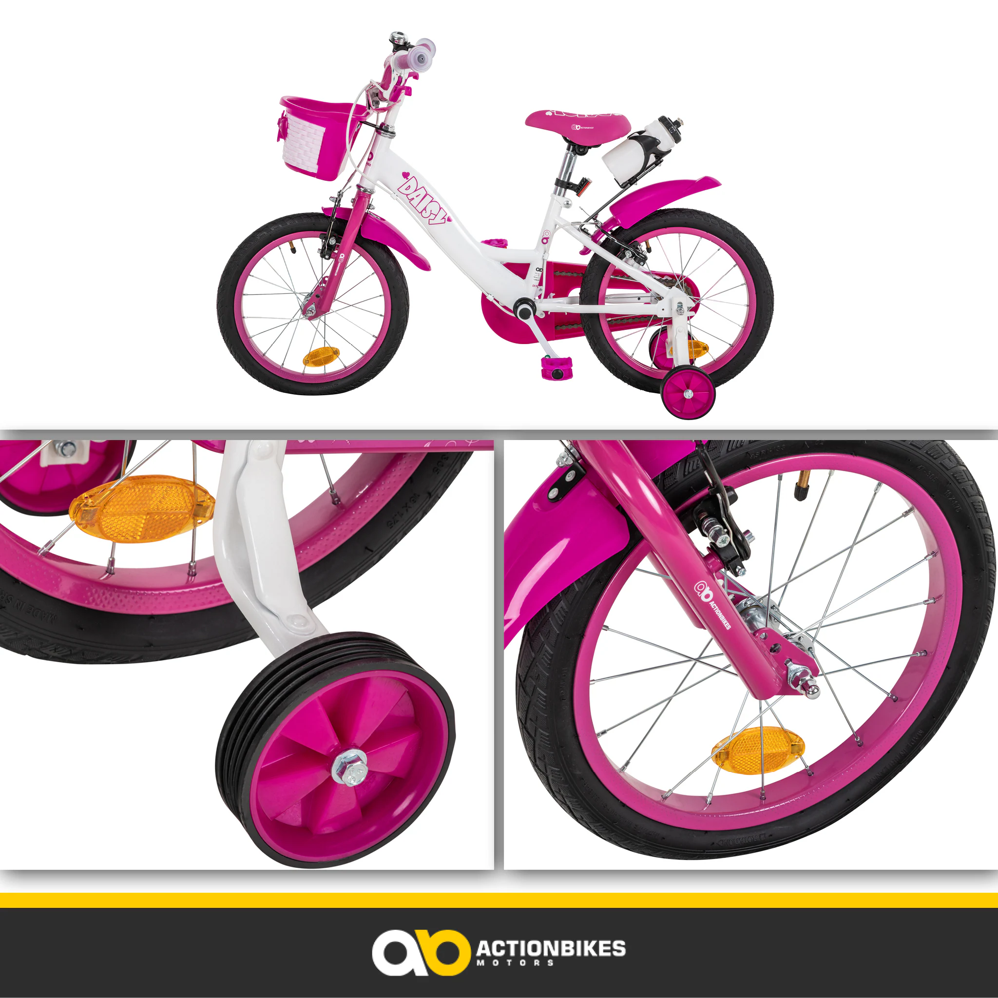 Actionbikes Kinderfahrrad Daisy 16 Zoll, pink, Stützräder, Korb, V-Brake-Bremsen, Antirutschgriffe (East)
