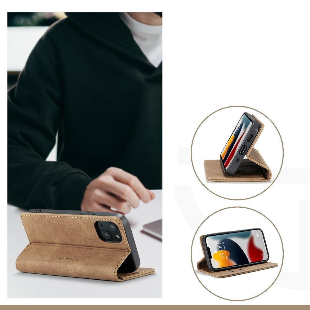 iPhone 13 Leder Tasche Flip Wallet Etui mit Kartenfächern - Hellbraun