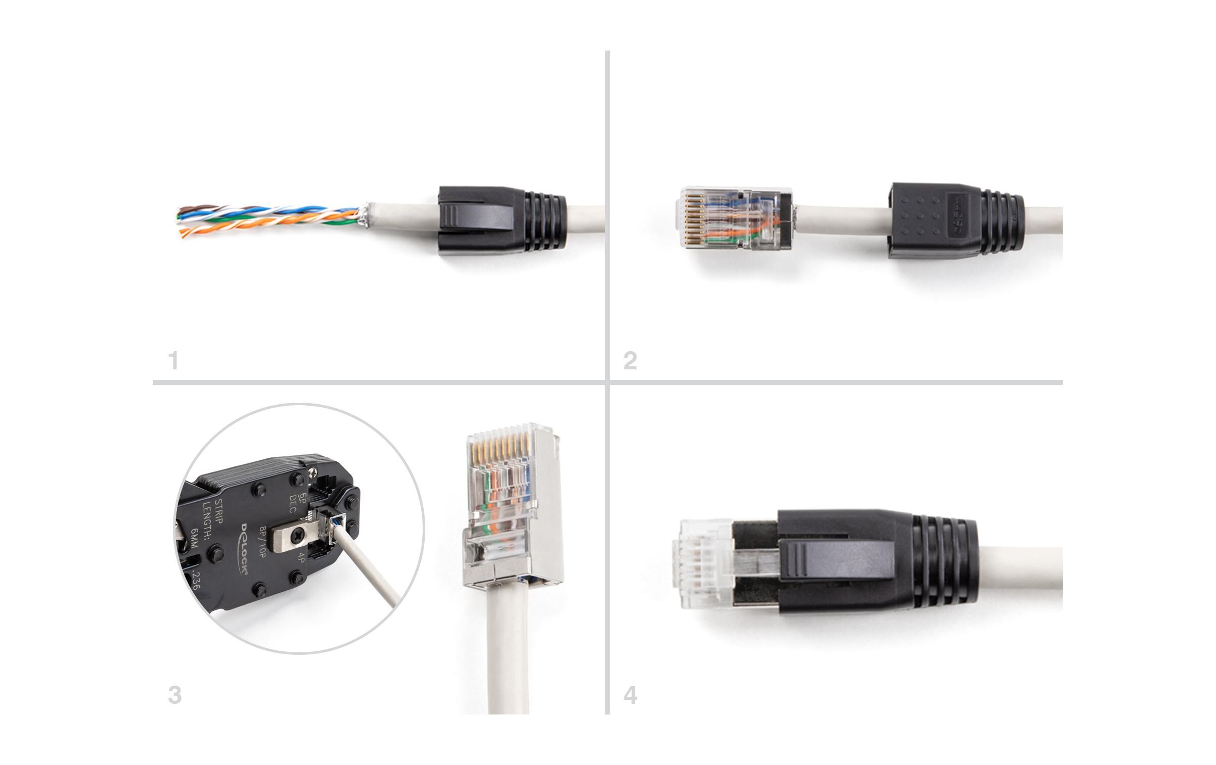 Stecker RJ50, S/FTP, Cat.5e 25 Stück, SchwarzDelock RJ50 Modularer Stecker Cat.5e mit Knickschutztülle 25er Set