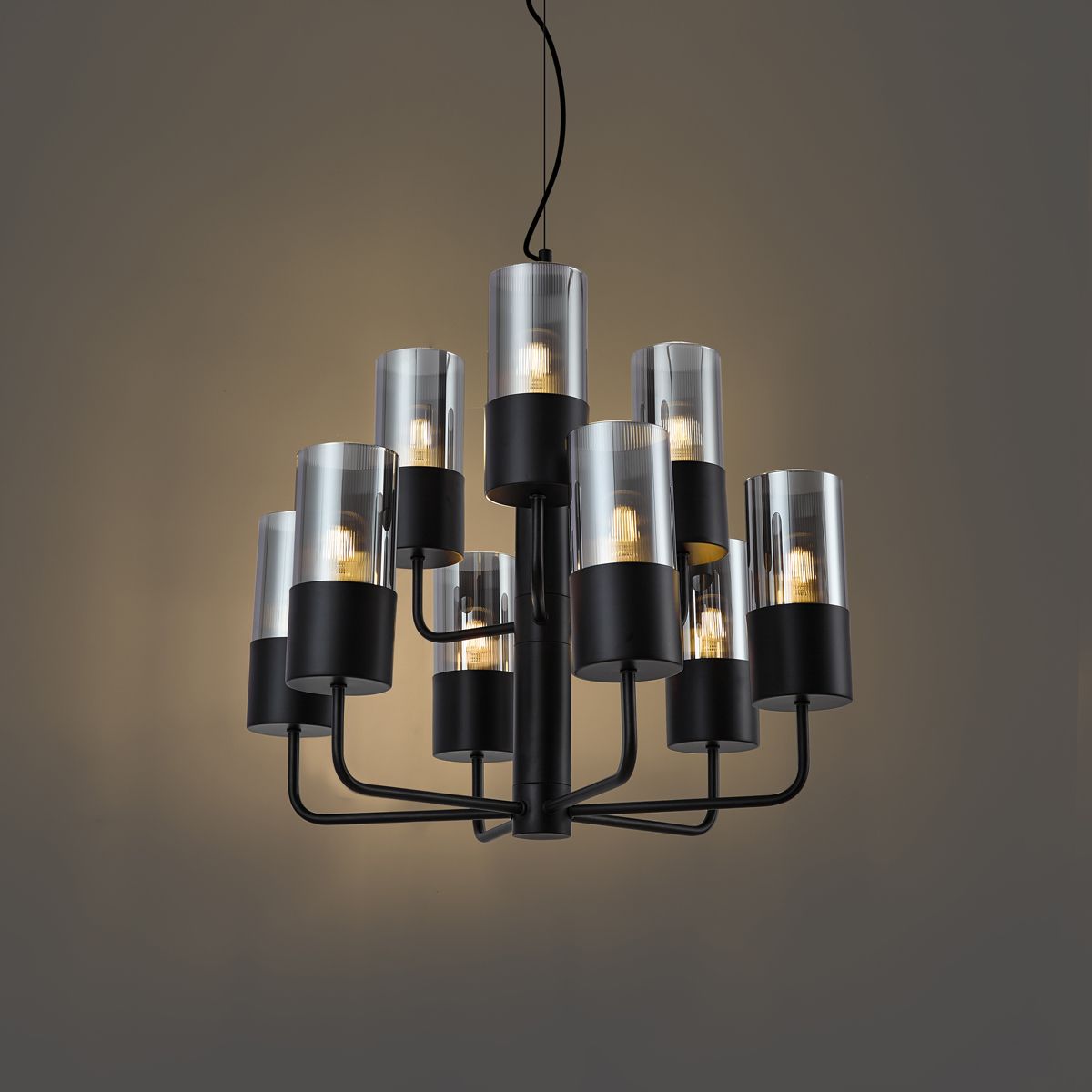 Moderne kroonluchter zwart met smoke glas 9-lichts - Laura