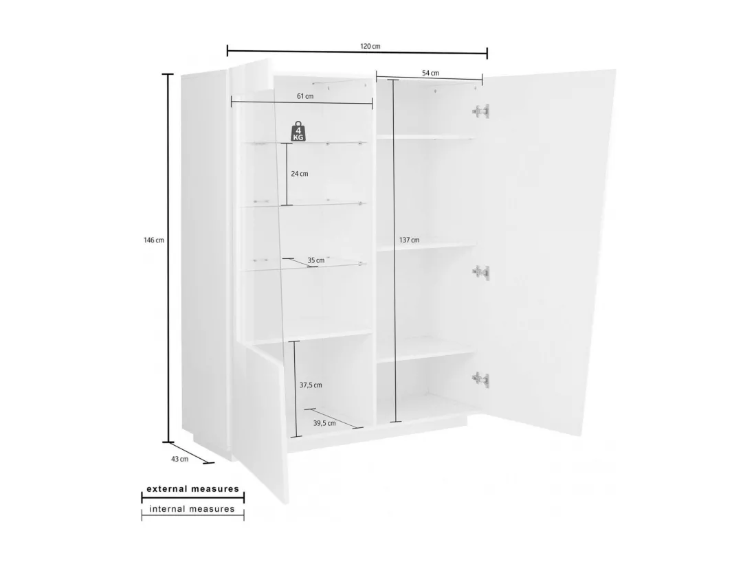 Vitrine Dkruni, Buffet avec porte vitrée, Meuble de salon polyvalent avec lumière LED, 100% Made in Italy, 120x43h146 cm, Blanc brillant