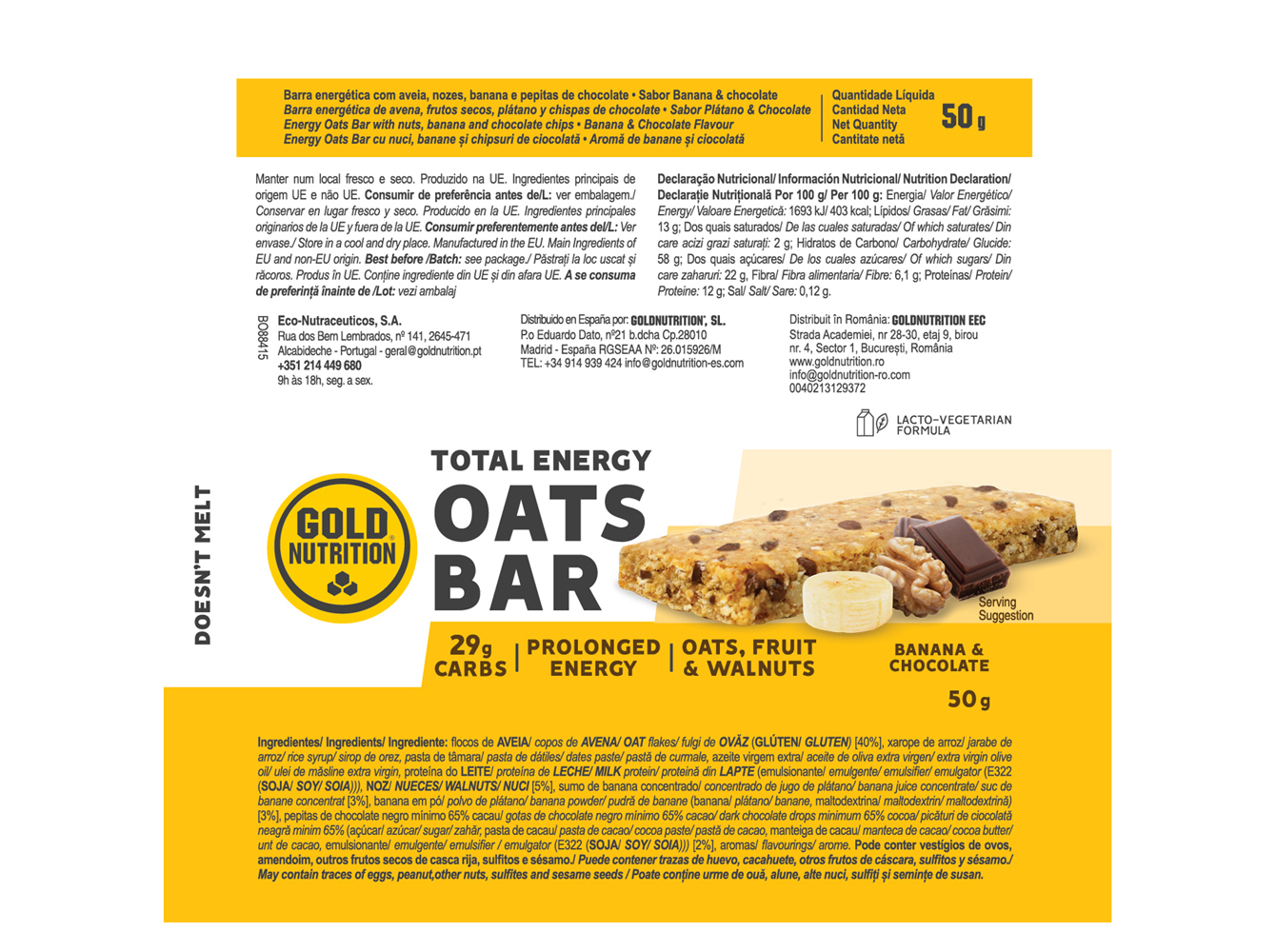 BARRA ENERG GOLDNUTRITION AVEIA BANANA E CHOCOLATE 50 G