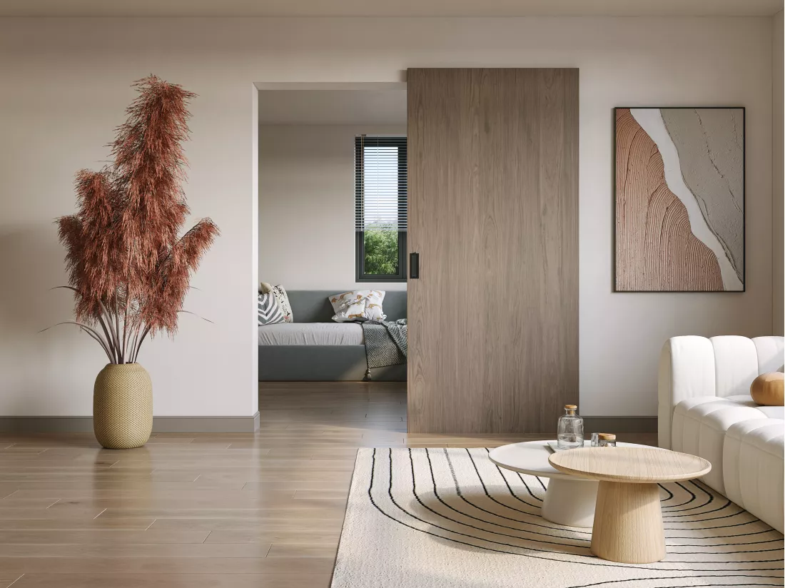 Porte coulissante en bois et MDF avec rail invisible - Chêne clair - 83 x 210 cm - BOCAZI
