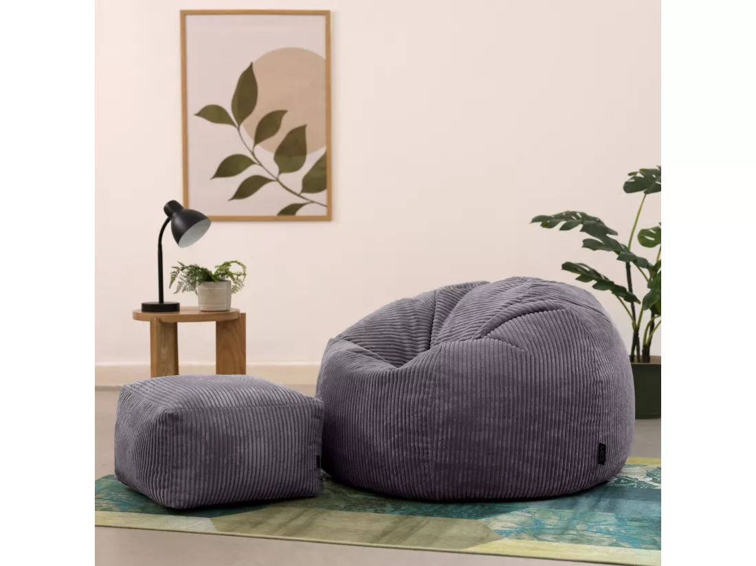 Pouf classique et son repose-pied velours côtelé, gris anthracite - KINGSTON