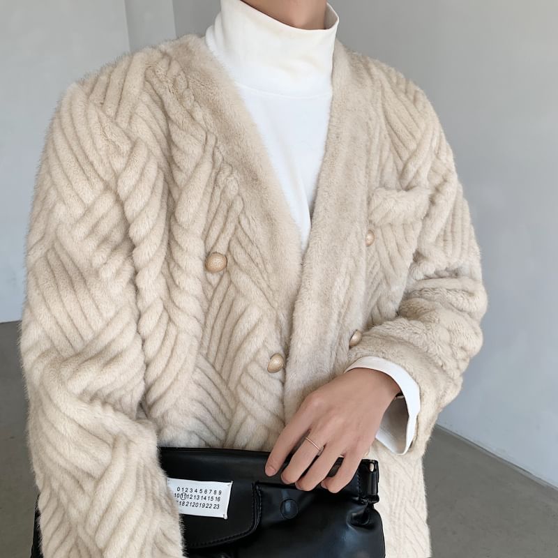 Freehop - V-hals effen fleece midi-dubbelrijsjas