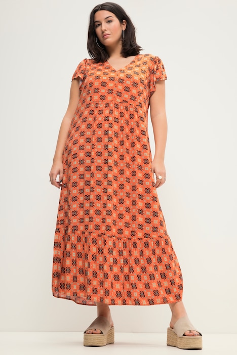 Maxikleid, A-Line, Alloverprint, V-Ausschnitt, Flügel-Halbarm