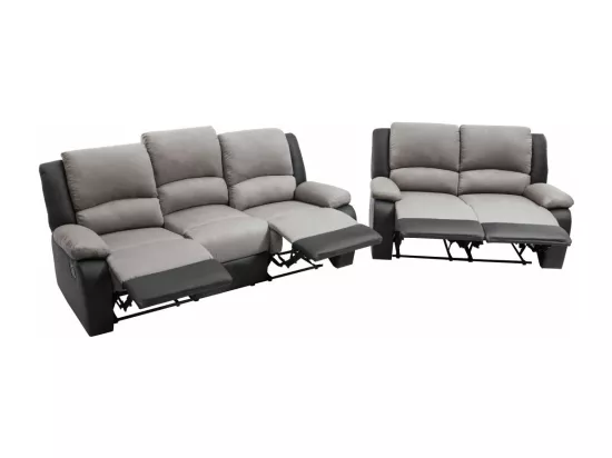 Ensemble de Canapés Relaxation manuel 3 et 2 places Microfibre Grise / Simili Noir Léo - Loungitude
