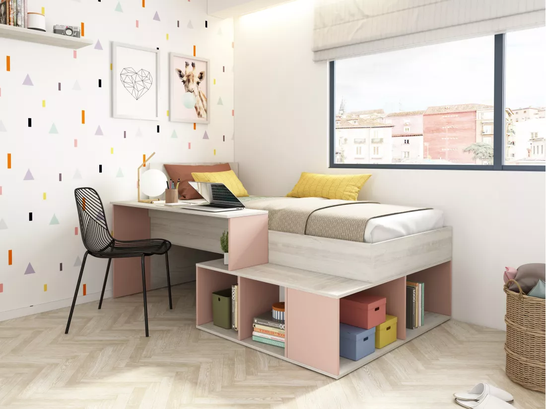 Lit combiné 90 x 200 cm avec rangements et bureau - Coloris : Naturel et Rose - RIGALI