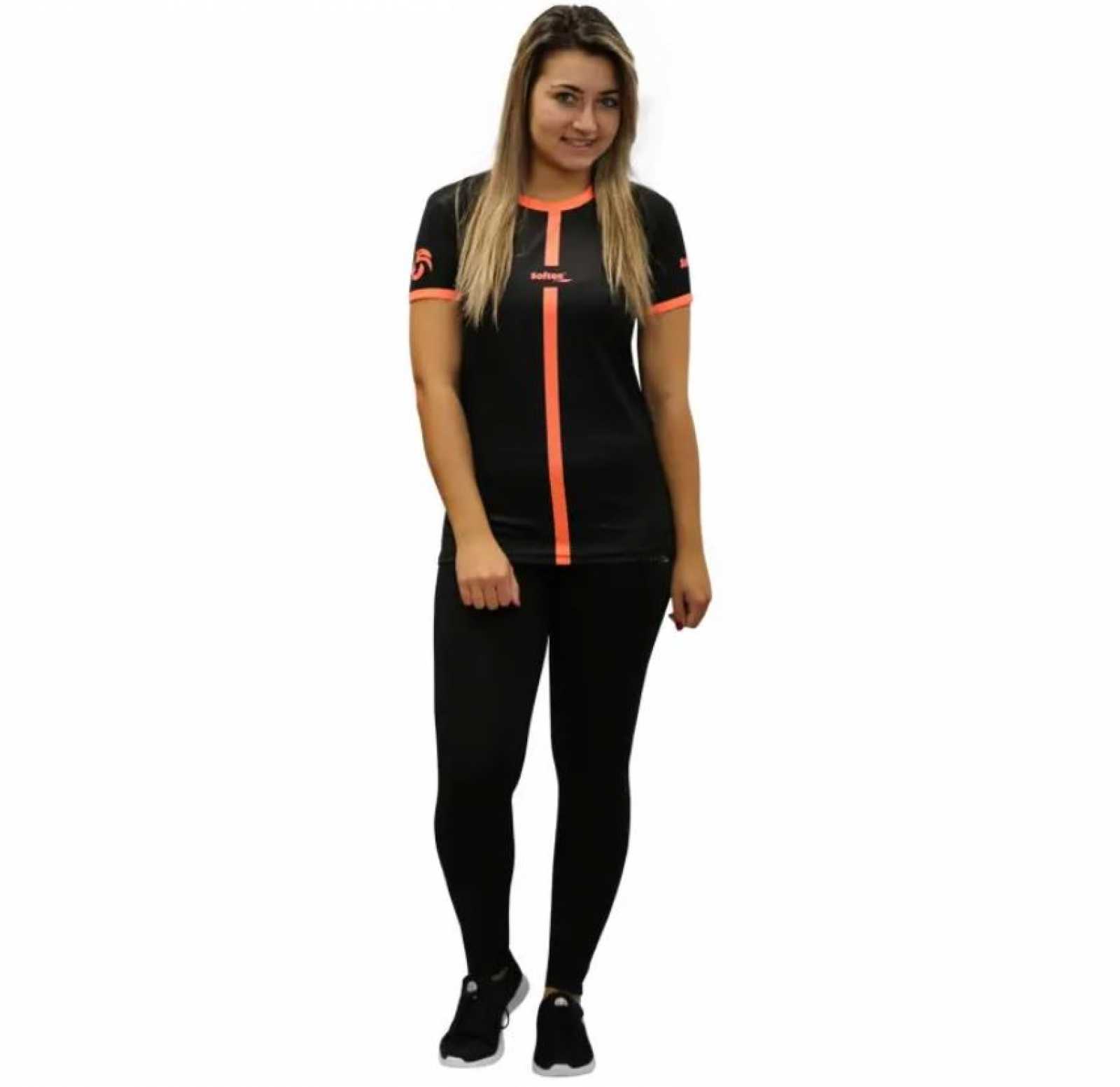 Camiseta feminina Softee Tipp-Ex preta/coral fluorescente