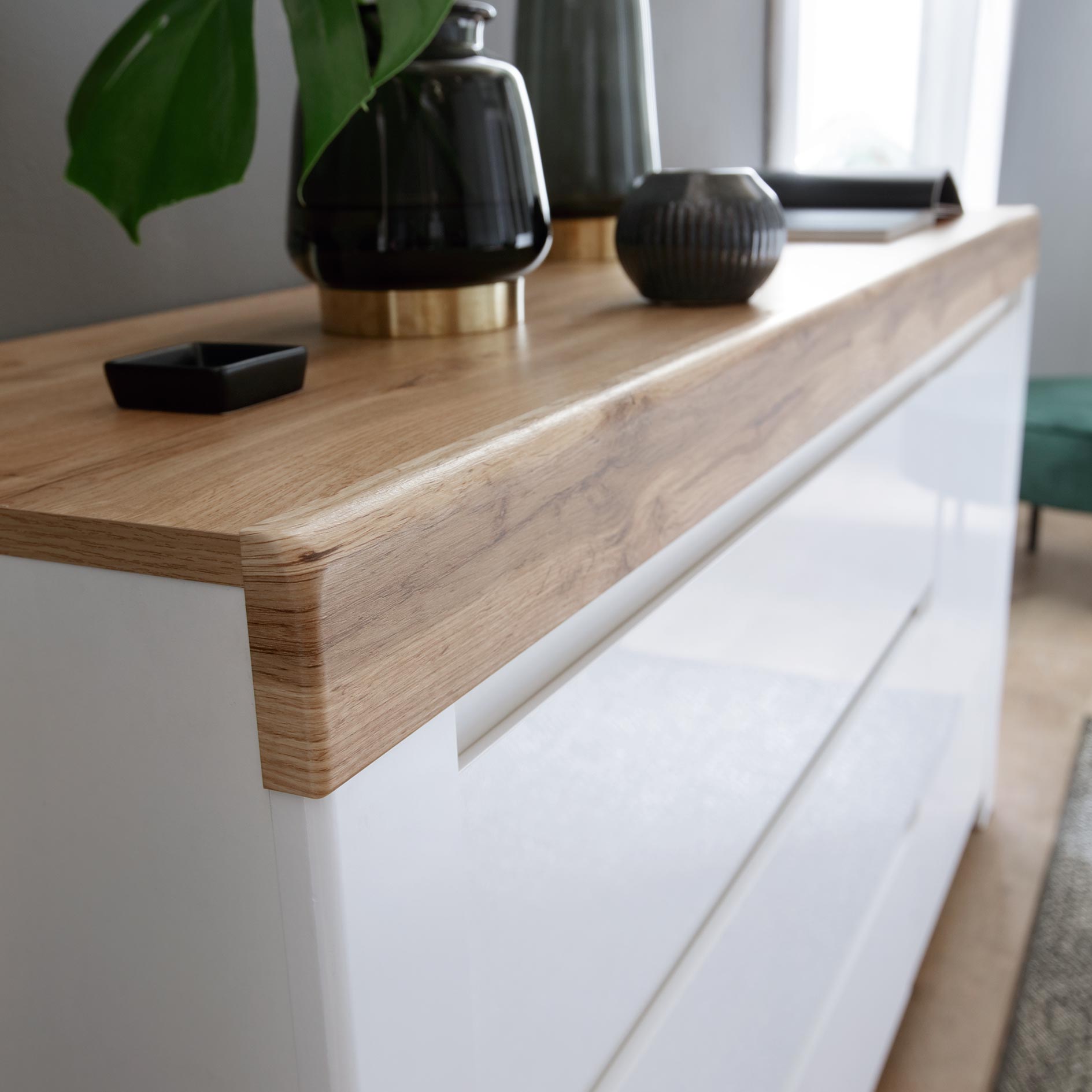 Sideboard - weiß Hochglanz-Wotan Eiche - 156 cm breit