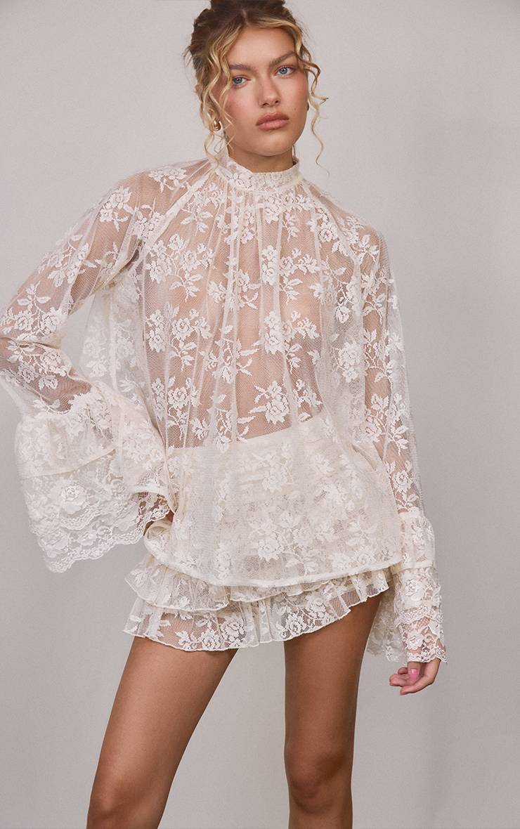 Crème Ensemble Jupe-short À Volants En Dentelle