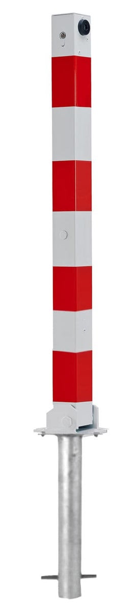 Stalen afzetpaal Comfy 70x70mm wit-rood opvouwbaar cilinderslot + grondanker / verschillend sluitend