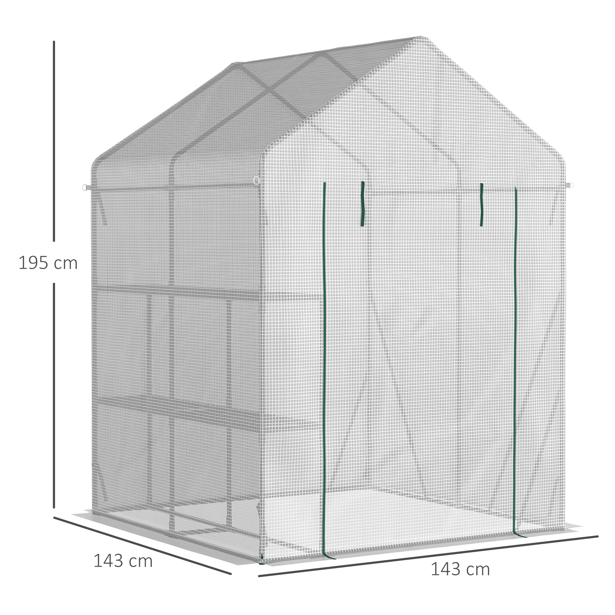 Estufa de jardim Outsunny 143x143x195 cm em aço com 4 prateleiras, porta e 2 janelas de enrolar para cultivo de plantas, vasos e flores, ideal para áreas externas, pátios e varandas. Cor: branca.