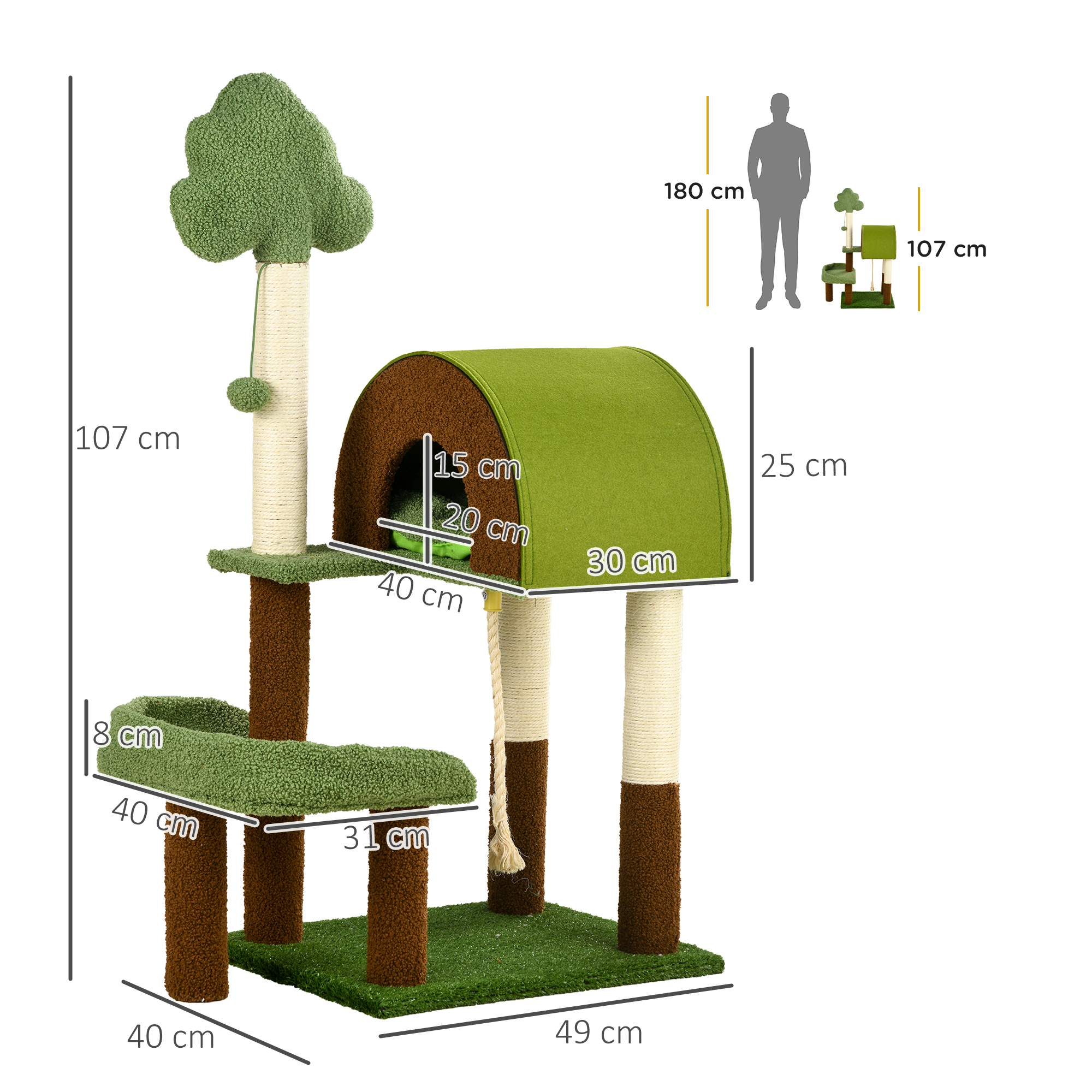 Arranhador PawHut tamanho médio para gatos, 107 cm, torre para gatos, centro de atividades para gatinhos com ninho, poste de sisal, grama artificial e bola pendurada, 49x40x107 cm, verde.