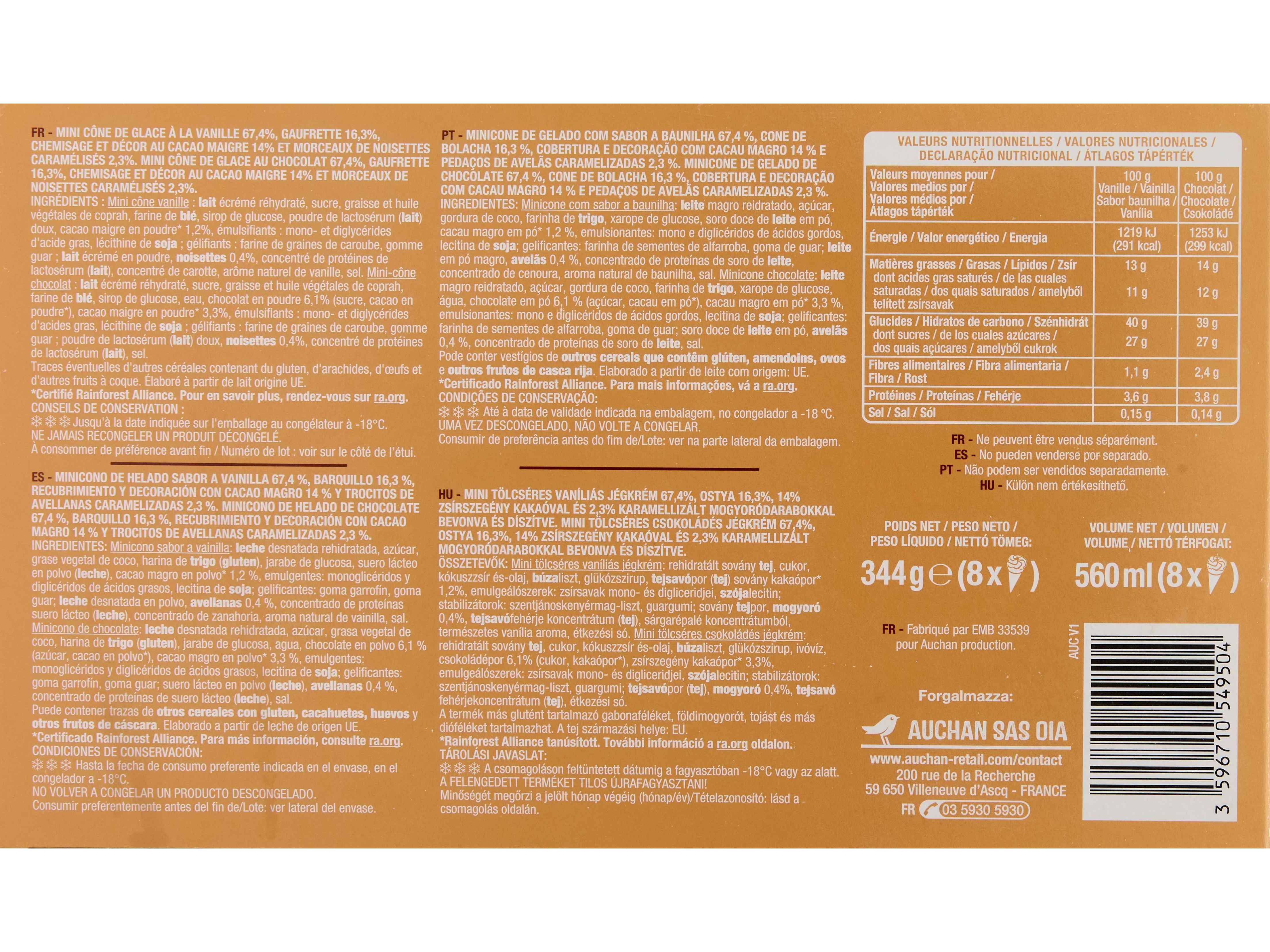 GELADO CONES AUCHAN MINI BAUNILHA CHOCOLATE 8X70ML