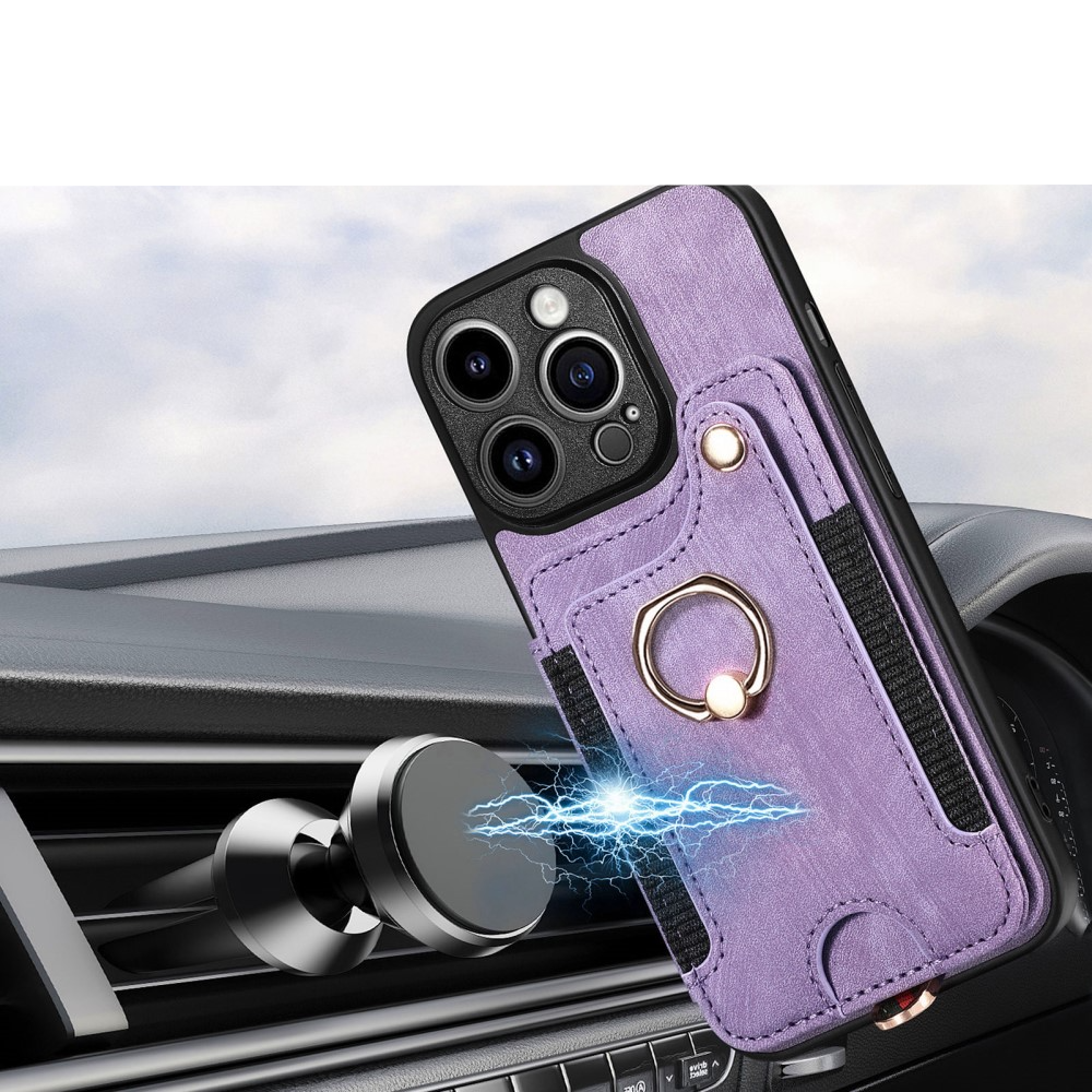 iPhone 14 Pro Necklace Leder Hülle mit Kartenfächer   Finger Griff Halterung   Handykette (RFID Schutz) - Lila