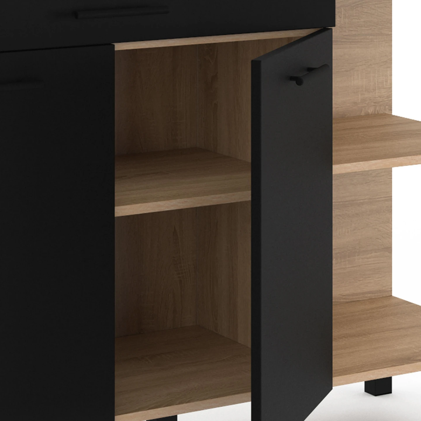 Buffet bas de cuisine 120 CM CINA plan de travail H.83 cm 2 portes + tiroir façon hêtre et noir