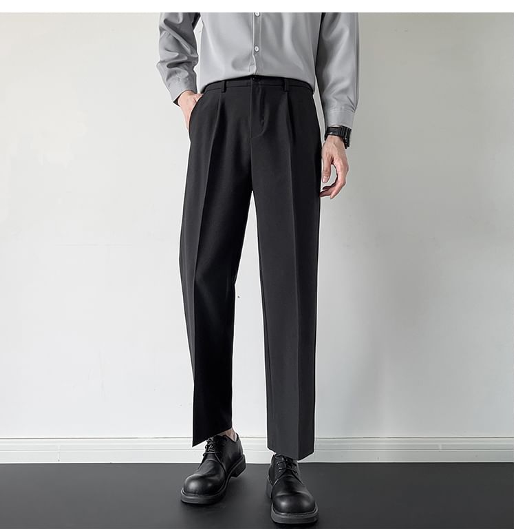 Nightbell - Mid Rise Plain Cropped Straight Leg Dress Pants