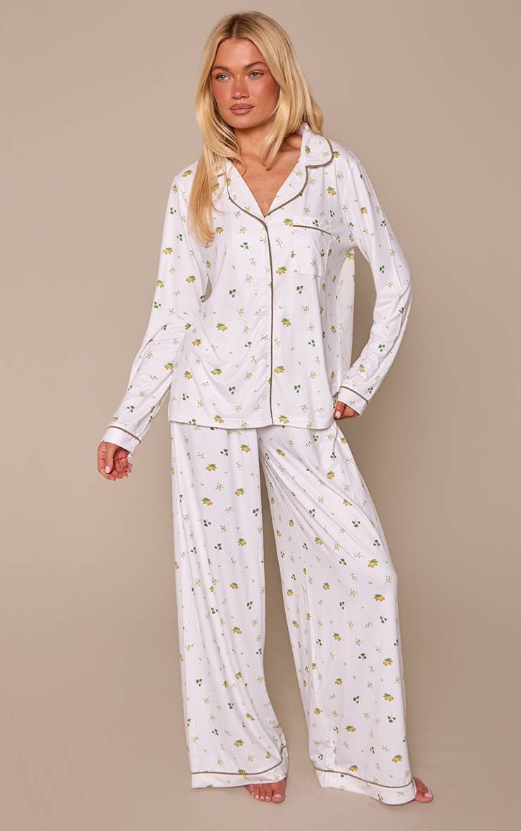 Lemon Print Ensemble Pyjama Haut Manches Longues Et Pantalon En Jersey Doux Avec Passepoil