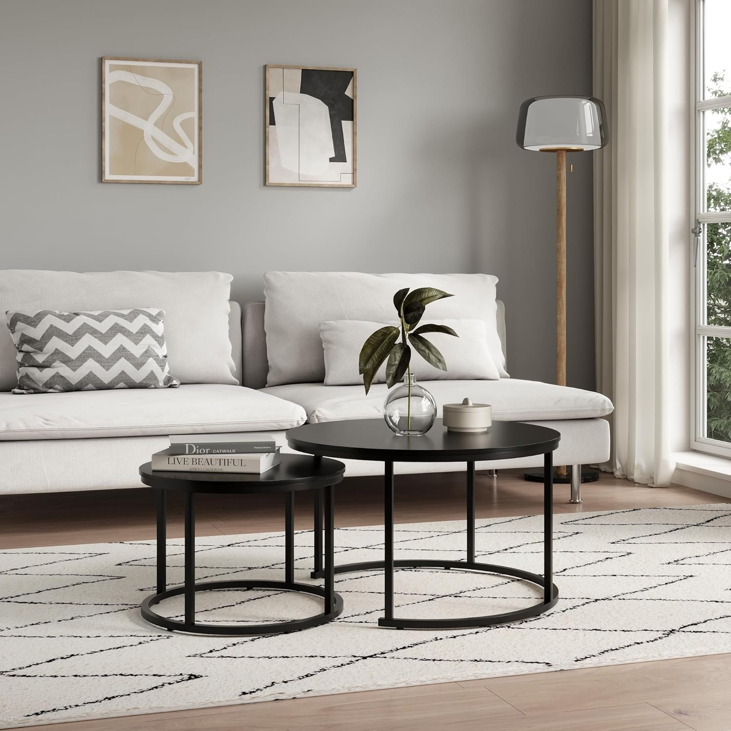Home Collective Couchtisch 2er Set rund aus Holz, Wohnzimmertisch Modern, Beistelltisch Set 2 in 1 mit Metallgestell für Wohnzimmer Büro Beistelltisch Loft Design Twin | Schwarz