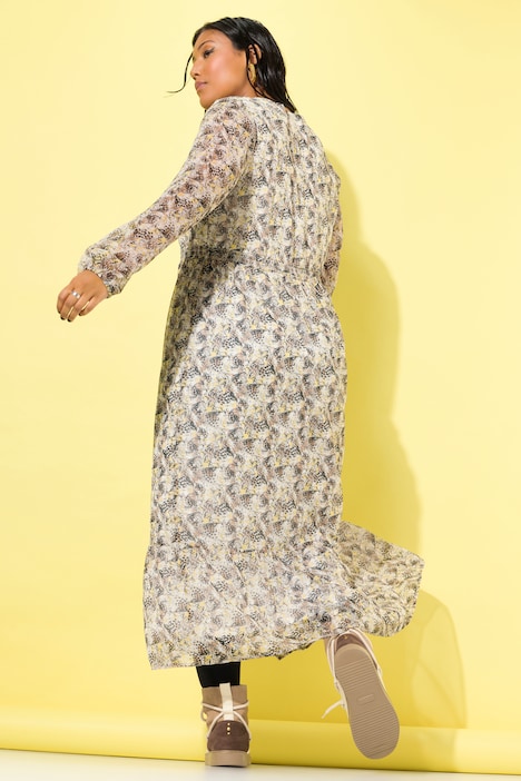 Maxikleid, A-Line, Leo Minimal, V-Ausschnitt, elastische Taille, Langarm