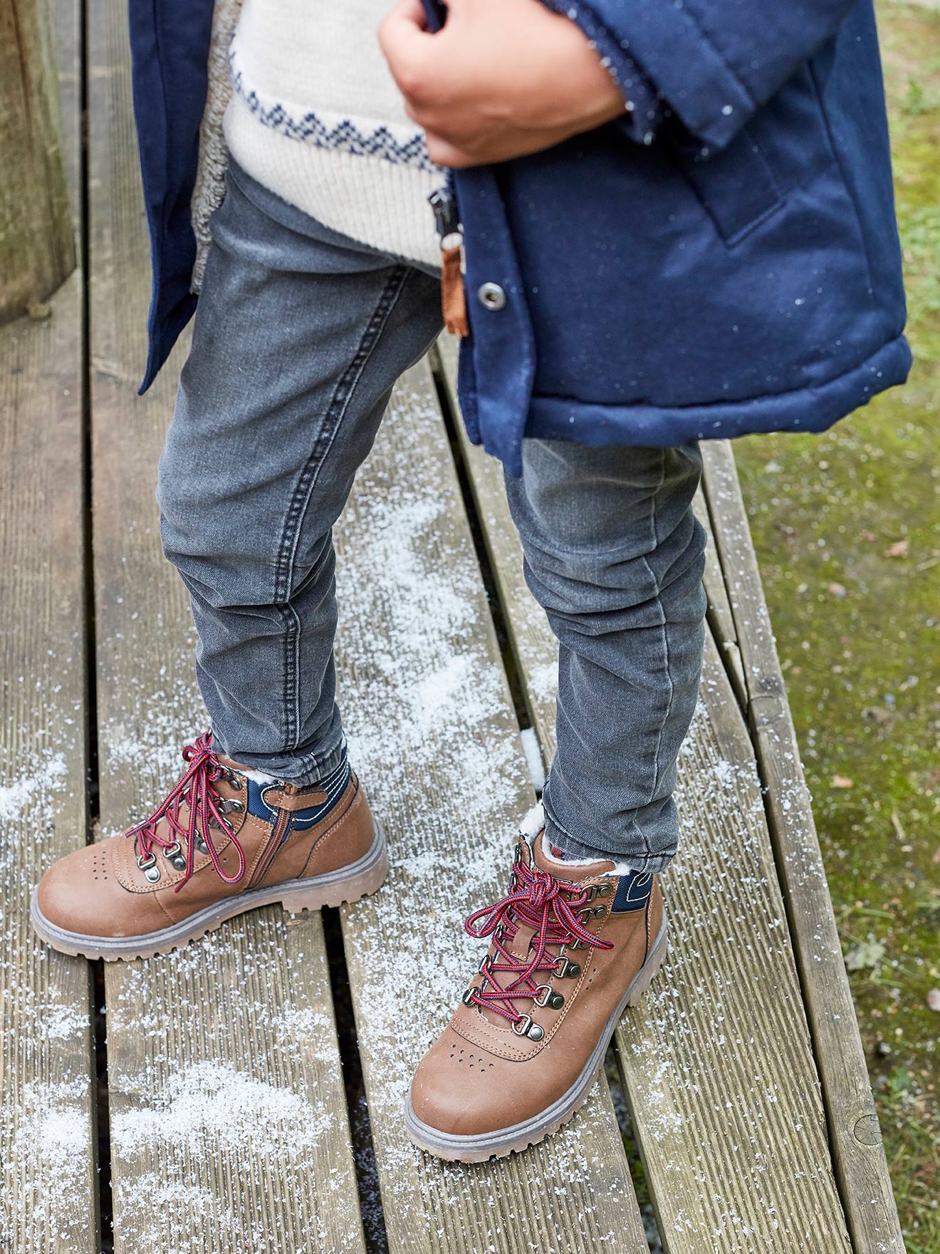 Botas de cano curto com zíper e cadarço, para meninos, marrom médio liso