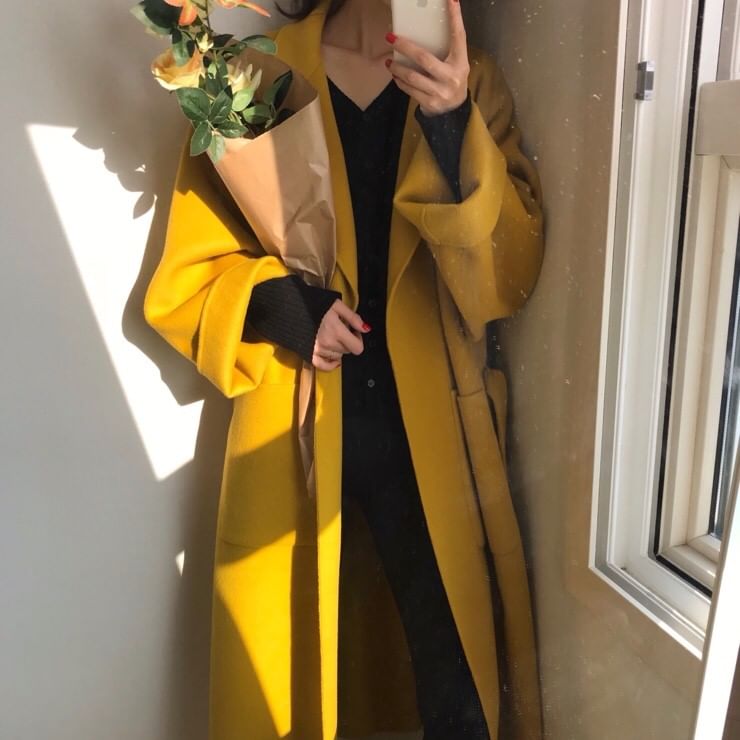 Coris - Notch Lapel Plain Midi Sashed Coat