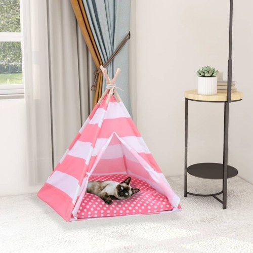Tenda de descanso listrada para gatos em branco e rosa.
