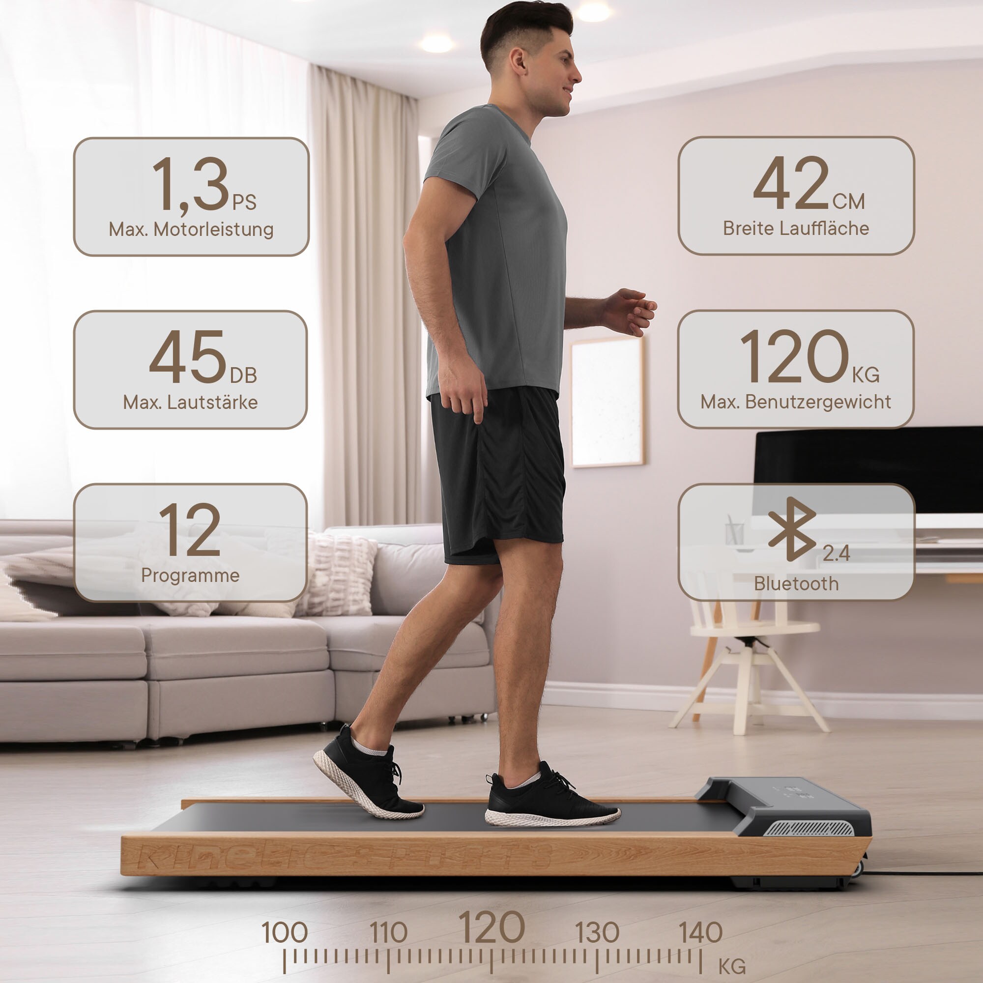 KINETIC SPORTS Laufband für Schreibtisch DW6 Walking Pad – Design-Laufband mit Echtholz, 42 cm Lauffläche, LED Display, Bluetooth Lautsprecher, Under Desk Treadmill für Zuhause und Büro, bis 120 kg | Standard