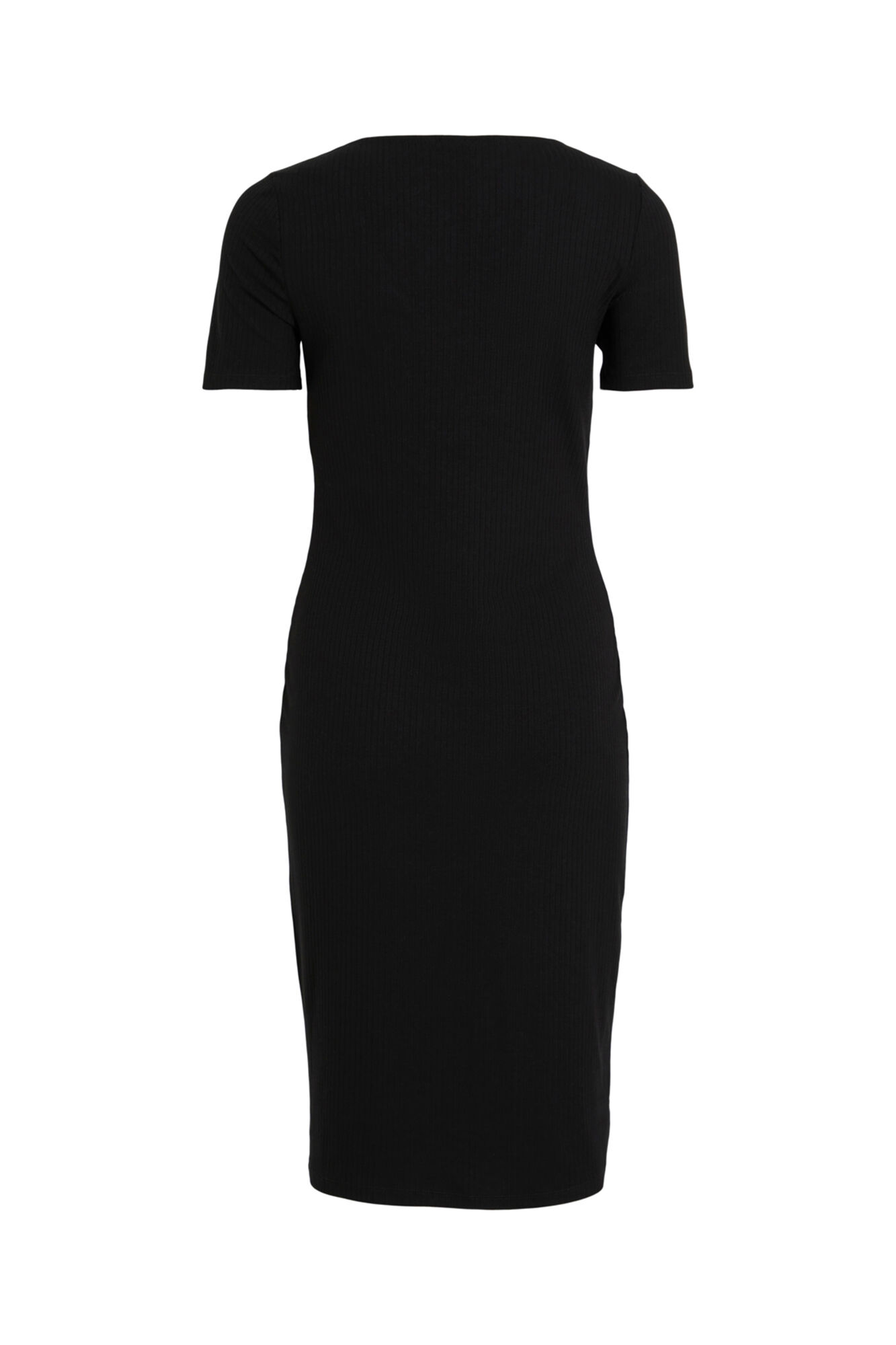 Vestido midi com botões e detalhes em preto.