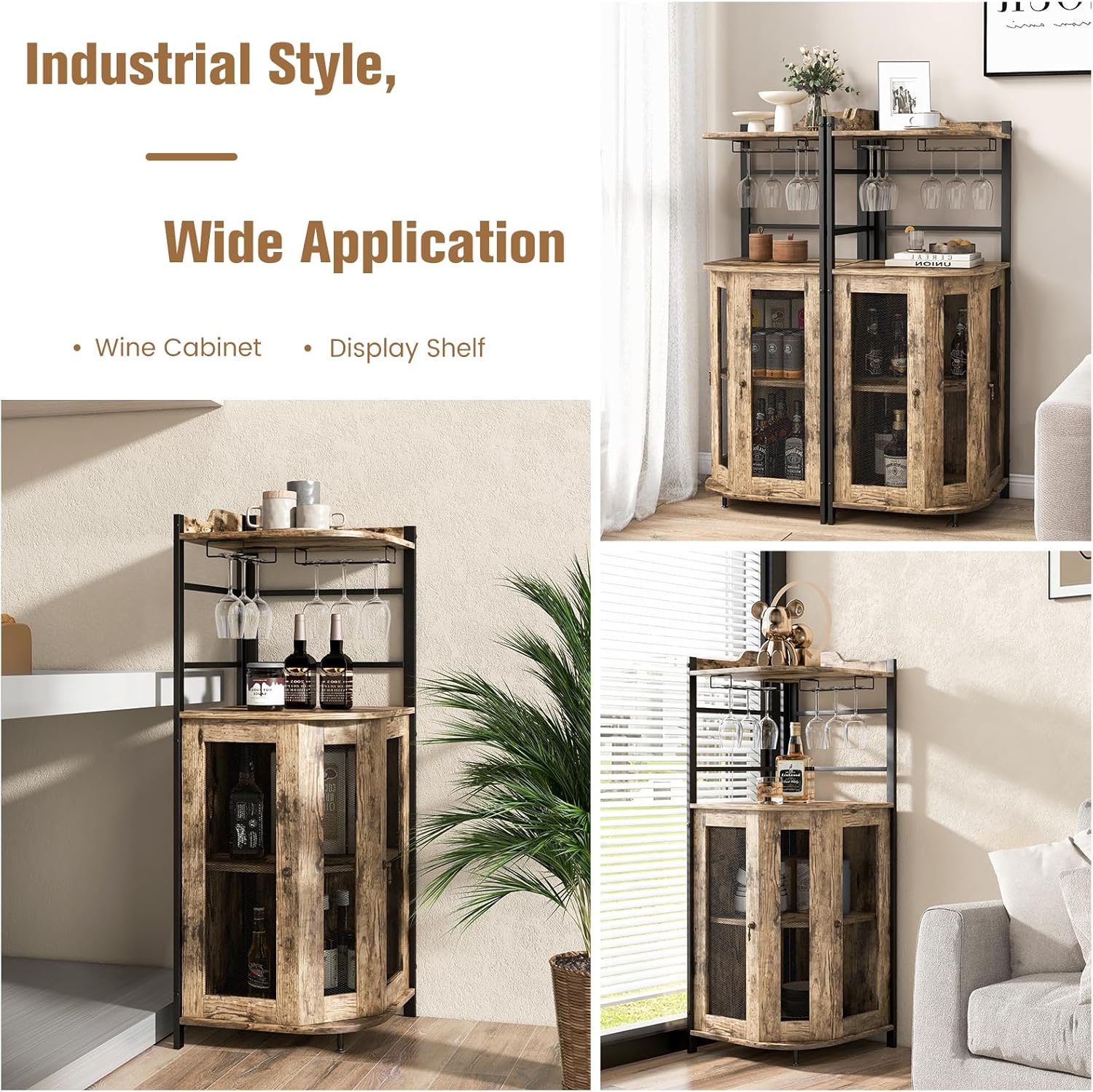 GIANTEX Weinschrank Eckschrank Industrial, Barschrank mit Glashalter, Weinbarschrank mit verstellbarem Regal, Küche Hausbar mit Metallgittertüren, Küchenschrank mit Kippschutz, 46 x 46 x 130 cm
