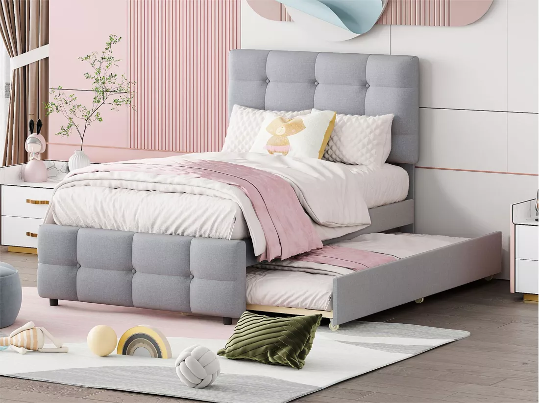 Lit gigogne 90 x 190/200 cm - tête de lit réglable - tissu lin - pour enfants - gris