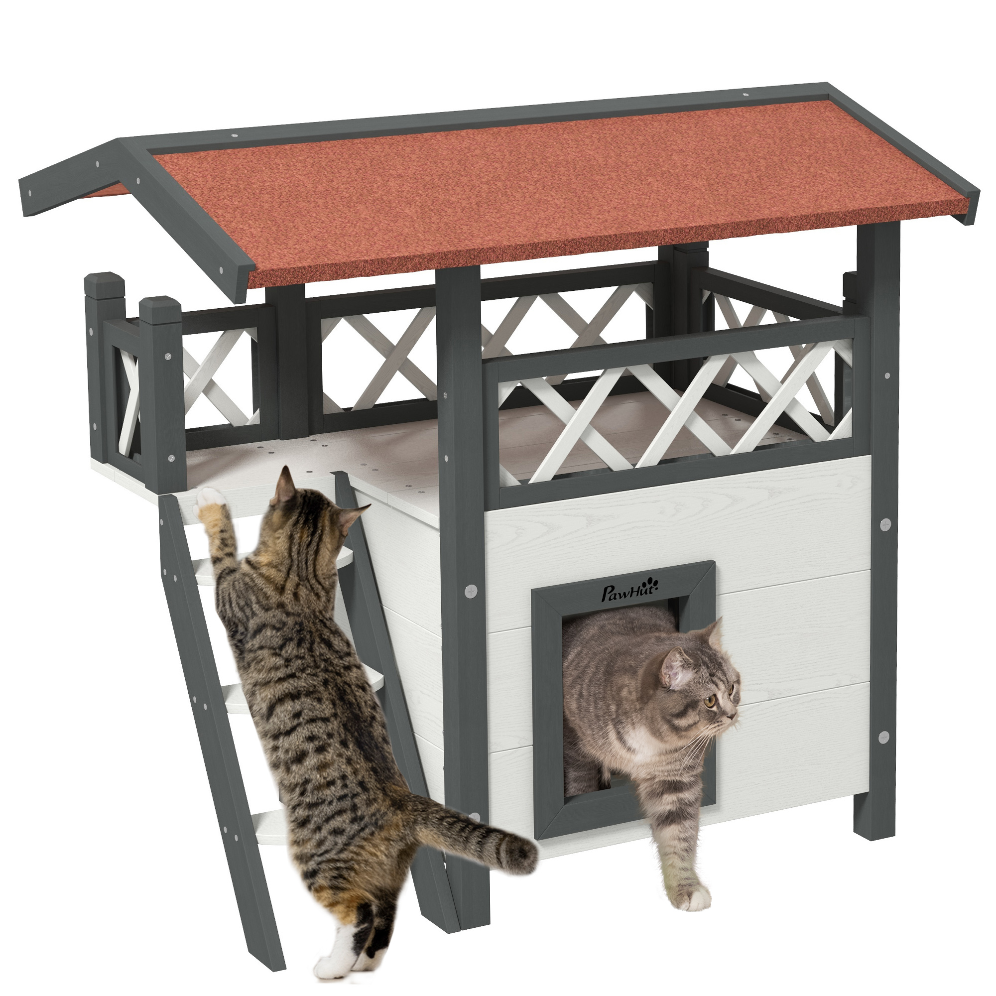 Casinha de madeira para gatos PawHut, 77x50x73 cm, 2 andares, com telhado de asfalto, escada e varanda para uso externo, branca.