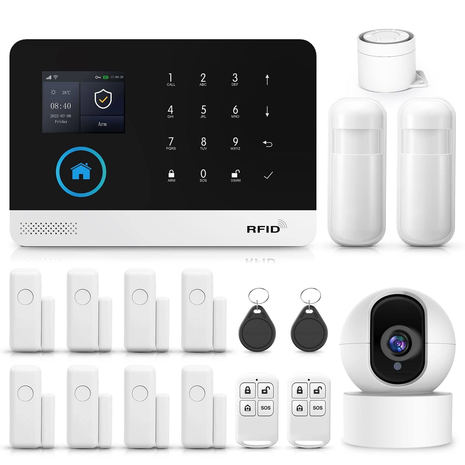 Drahtloses Hausalarmsystem,17-teilig,GSM,SMS,WiFi, komplettes Einbruchmeldesystem, Alarmsirene mit PIR, Tür- und Fenstersensor, Fernbedienung für