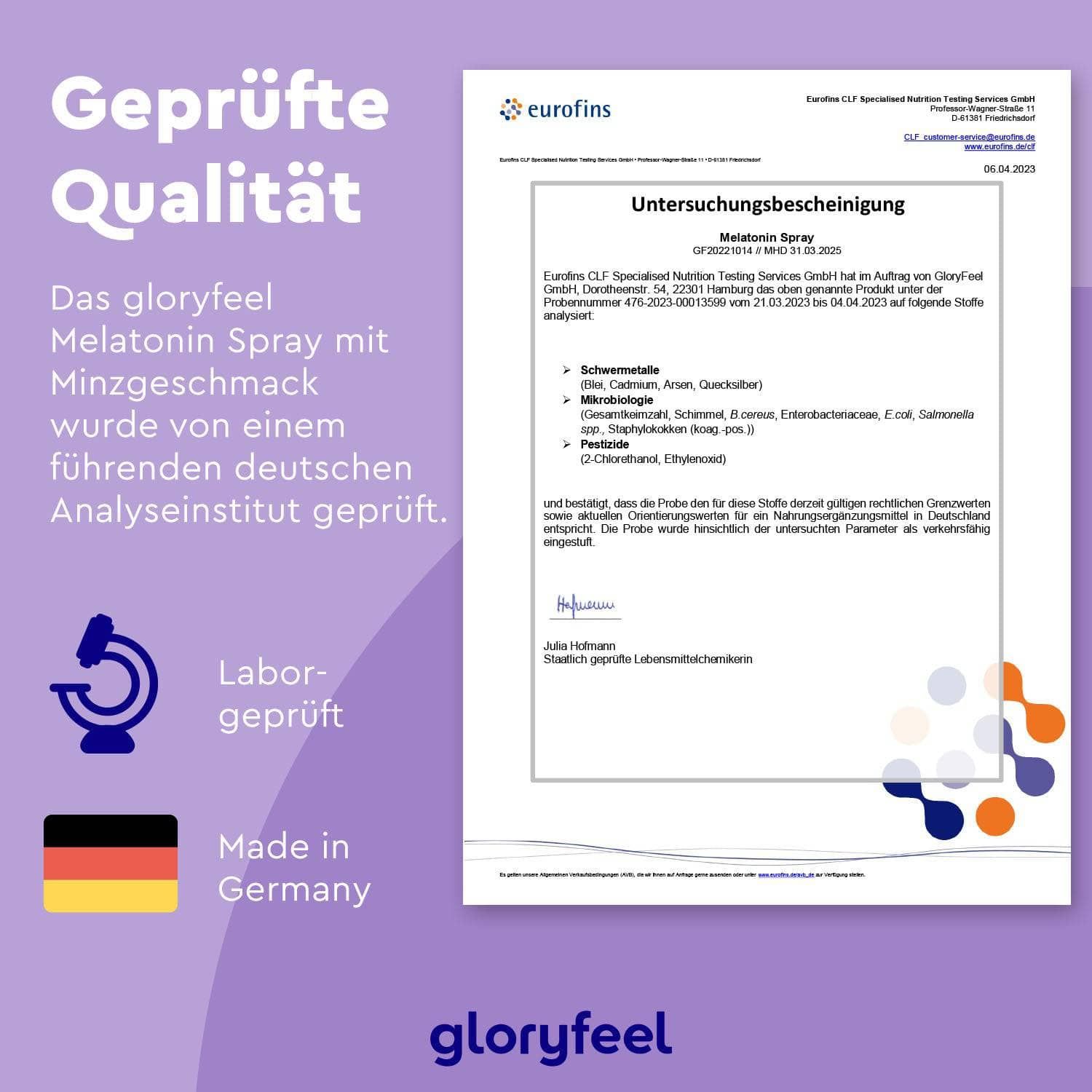 gloryfeel® Melatonin + Baldrian, Lavendel + Melissen Extrakt Spray Minze