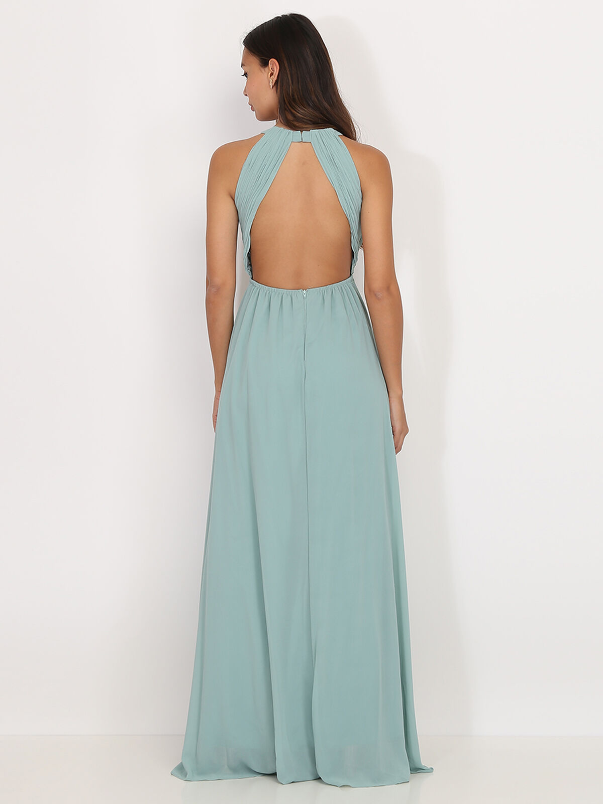 Robe longue drapée dos nu- Vert clair