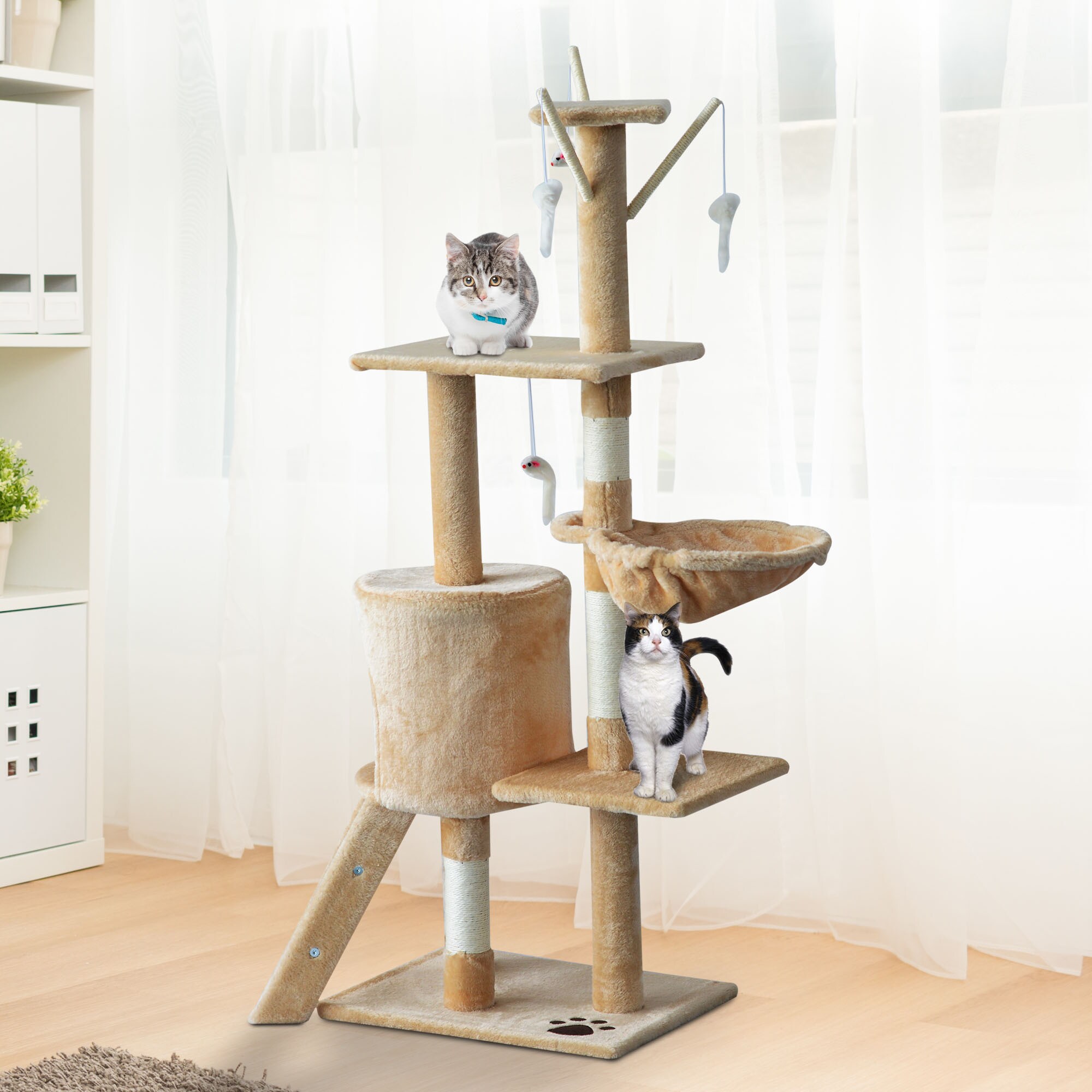 PawHut Katzenkratzbaum mit 4 Spielmäusen beige, weiß 50 x 35x 131 cm (LxBxH)