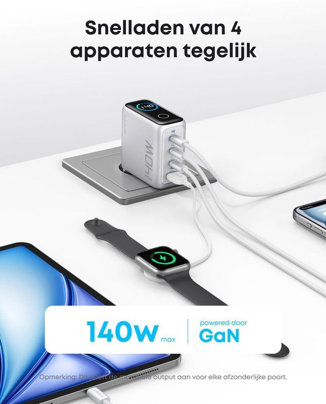 Anker - Zolo (140W) USB-C Laptop Oplader - Zilver - GaN Snellader