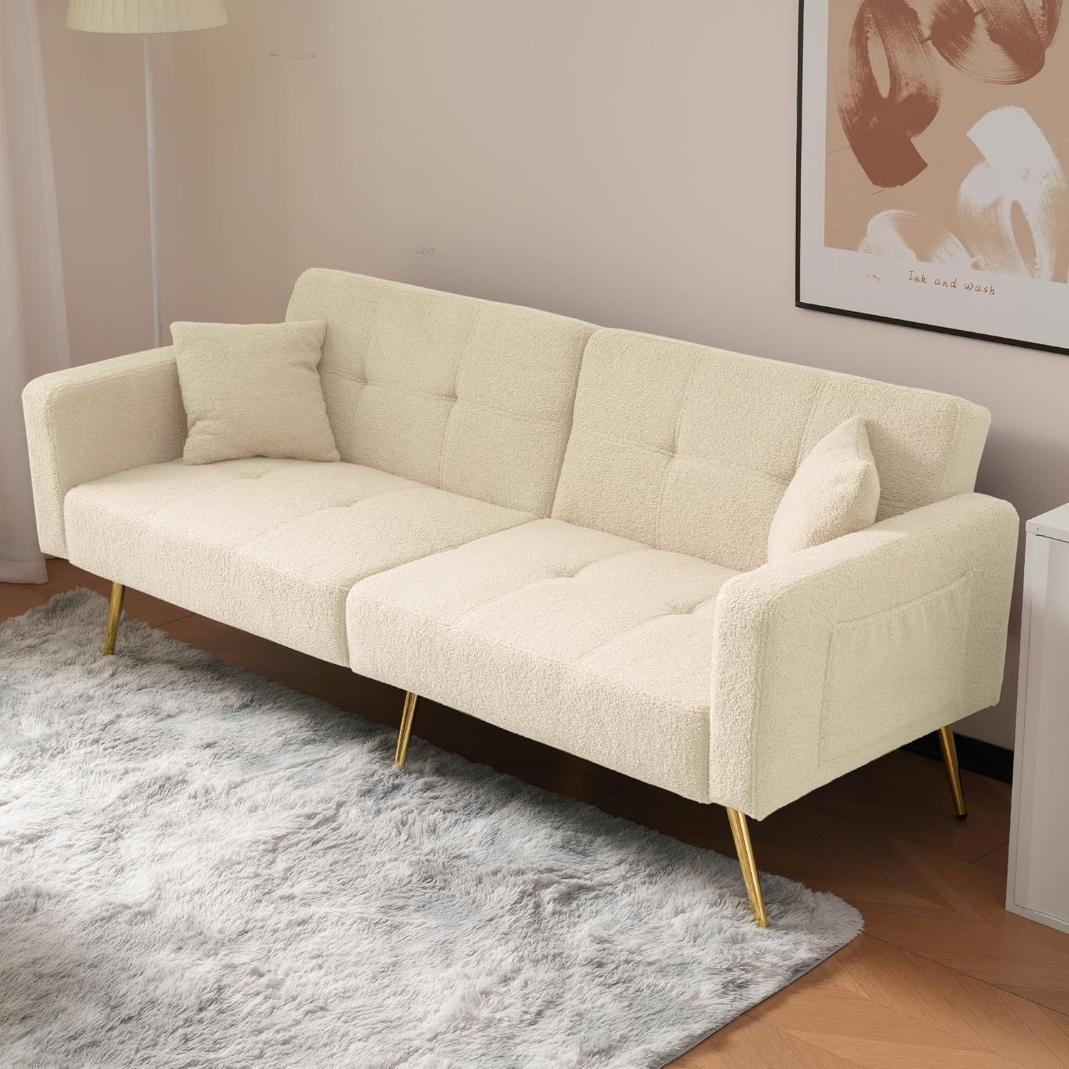 2-in-1 Schlafsofa Sofa Couch mit Schlaffunktion, Verstellbarer Rückenlehne, goldenen Beinen, mit Kissen (Beige)