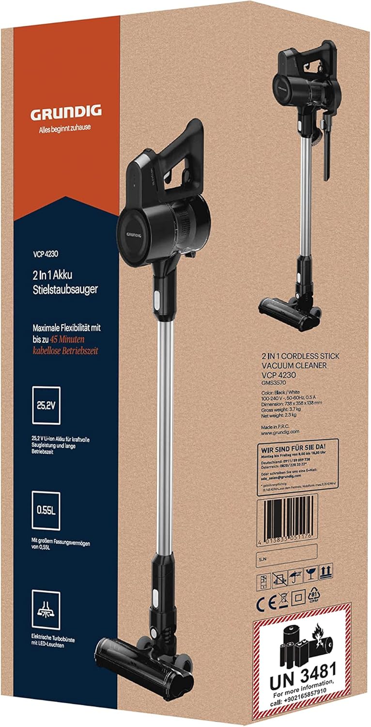 GRUNDIG VCP 4230 2-in-1-Akku-Stielstaubsauger, 2 Saugkraftstufen, 150 Watt Motor, 25, 2 Volt Li-Ion Akku, 550 ml Staubaufnahmevolumen, bis zu 45 Minuten Betriebszeit, 80 Dezibel, Weiß / Schwarz