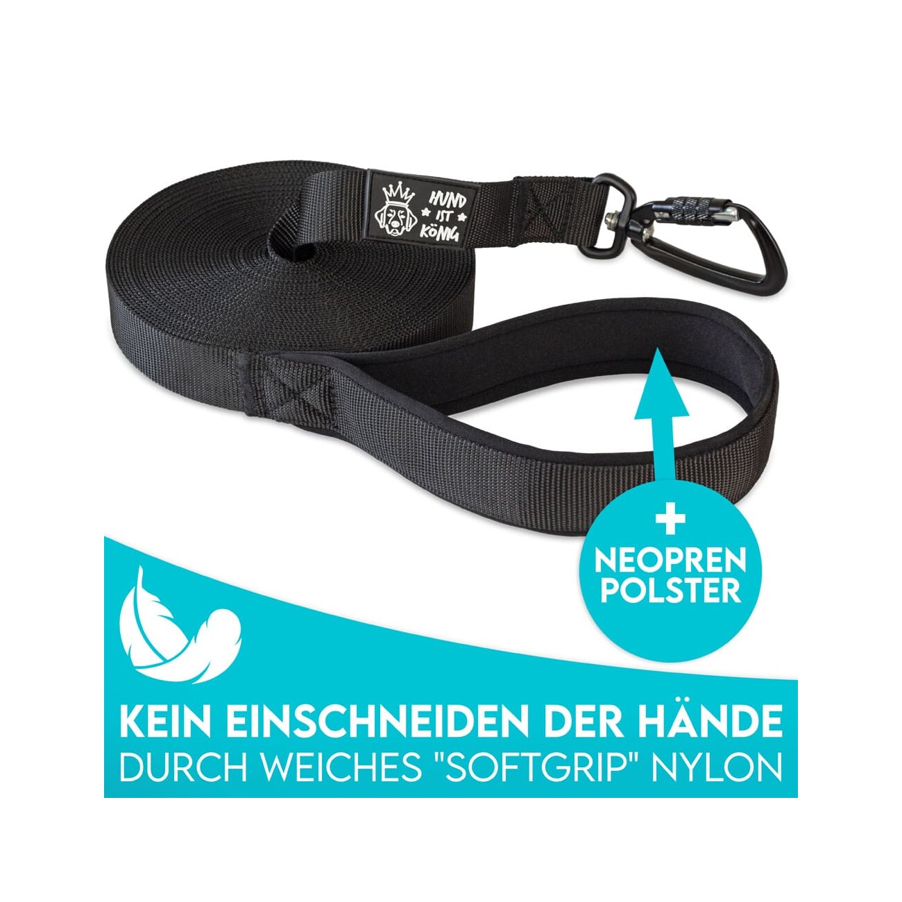HUND IST KÖNIG ® Hunde Schleppleine mit Sicherheitskarabiner & gepolsterter Handschlaufe 5 m