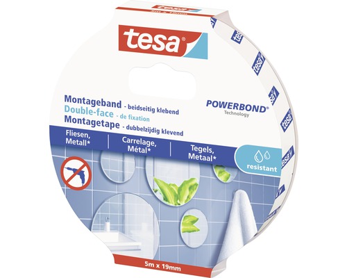 tesa witte montagetape voor tegels, vochtbestendig, 5 m x 19 mm