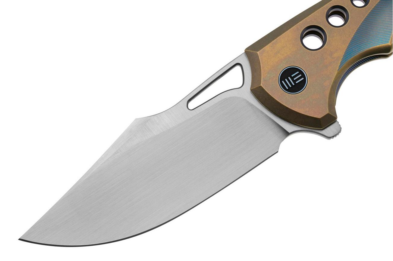 WE Knife Swiftfin WE23051-4 Hand Rubbed Satin CPM 20CV, Golden Blue Titanium, Blue Holes zakmes
