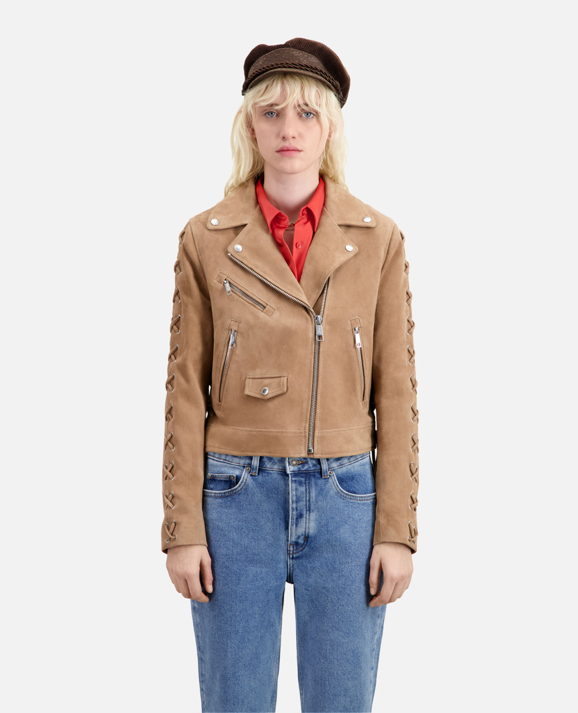 Beige suede leather biker jacket