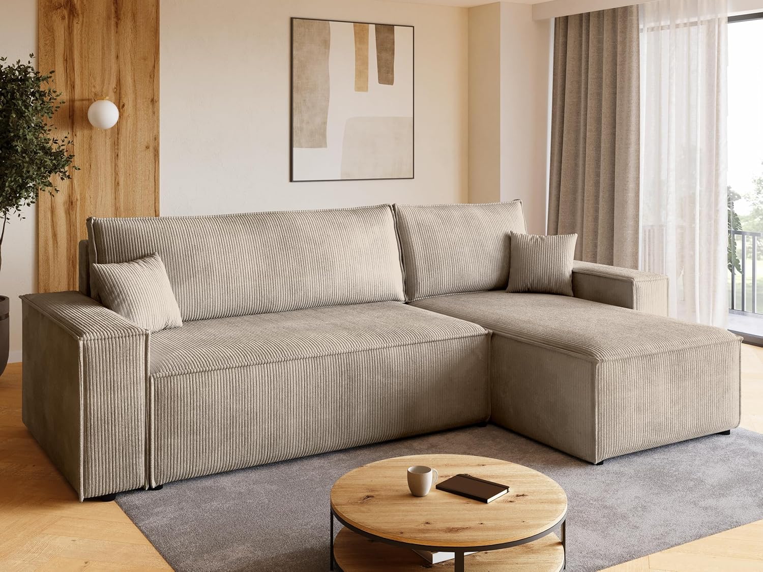 BROMARKT Sofa mit Schlaffunktion Couch L Cordstoff Sofa Bettkasten Schlafsofa für Wohnzimmer Ecksofa freistehend Adi Relaxsofa 3 sitzer 244x143x85 cm Beige