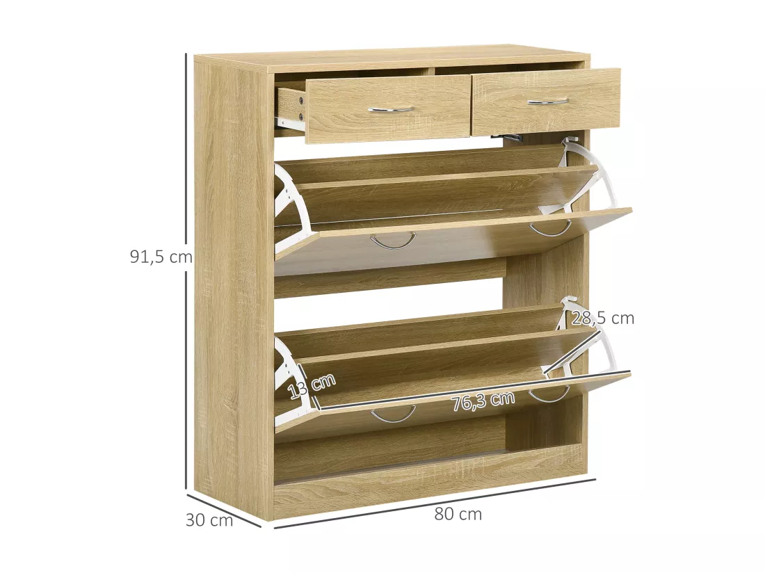 Armoire meuble à chaussures multi-rangement 2 abattants double niveau 2 tiroirs aspect chêne clair