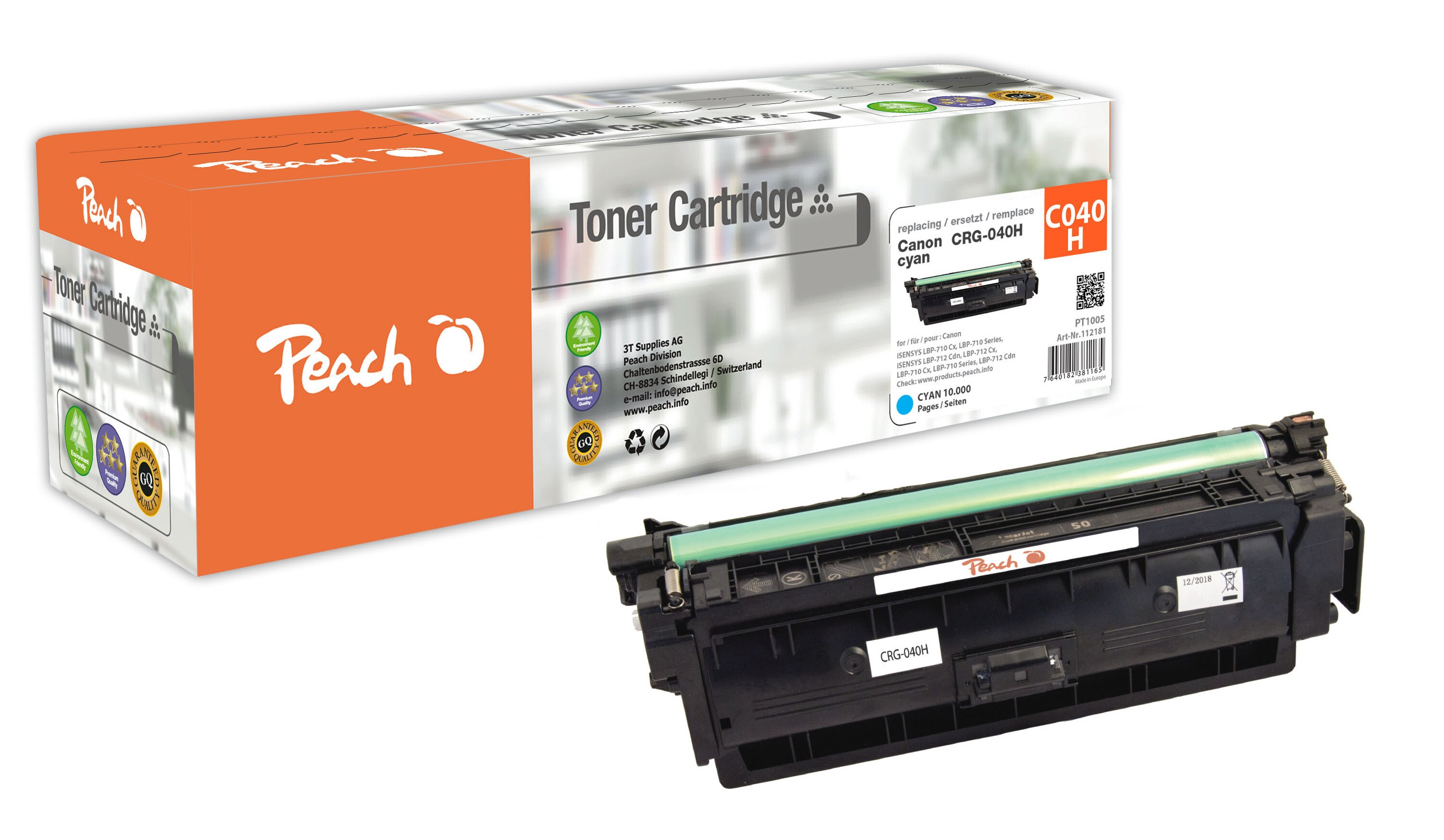 Peach HP 040 Hc Toner XL cy ersetzt Canon CRG-040H c, 0459C001 für z.B. Canon ISensys LBP -710 Cx, Canon ISensys LBP -710, Canon LBP -710 Cx (wiederaufbereitet)