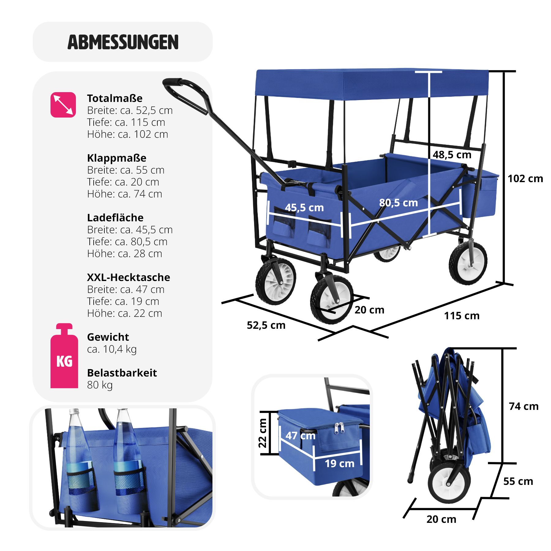tectake® Bollerwagen, faltbar, mit Dach, große Hecktasche und 2 Netztaschen, inklusive Tragetasche