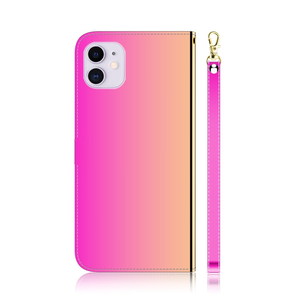 iPhone 12 / iPhone 12 Pro Leder Tasche Flip Cover im Spiegel Design mit Kartenfach   Handschlaufe - Regenbogen Rosa